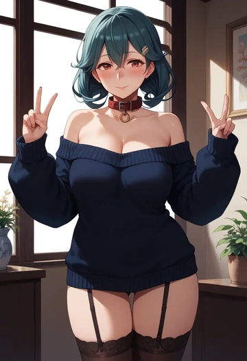 kantai_collection,nagato_(kancolle),blushing,collar,off-shoulder,sweater,stockings  - AI generated anime art