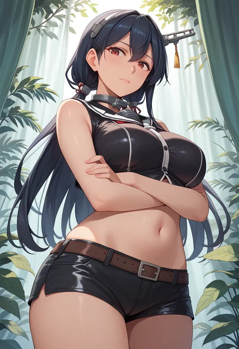 kantai_collection,nagato_(kancolle),leather,shorts,crop top  - 