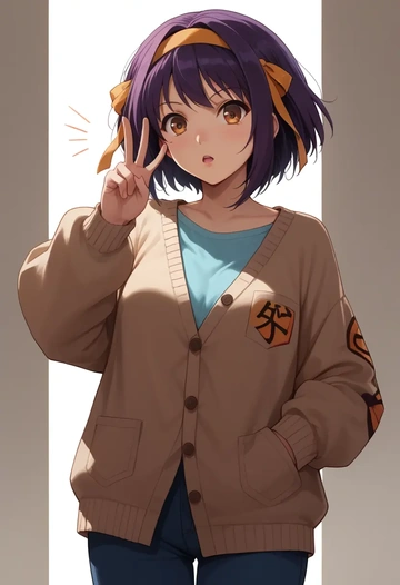 suzumiya_haruhi_no_yuuutsu,nagato_yuki,cardigan,oversized,wide-leg pants  - AI generated anime art