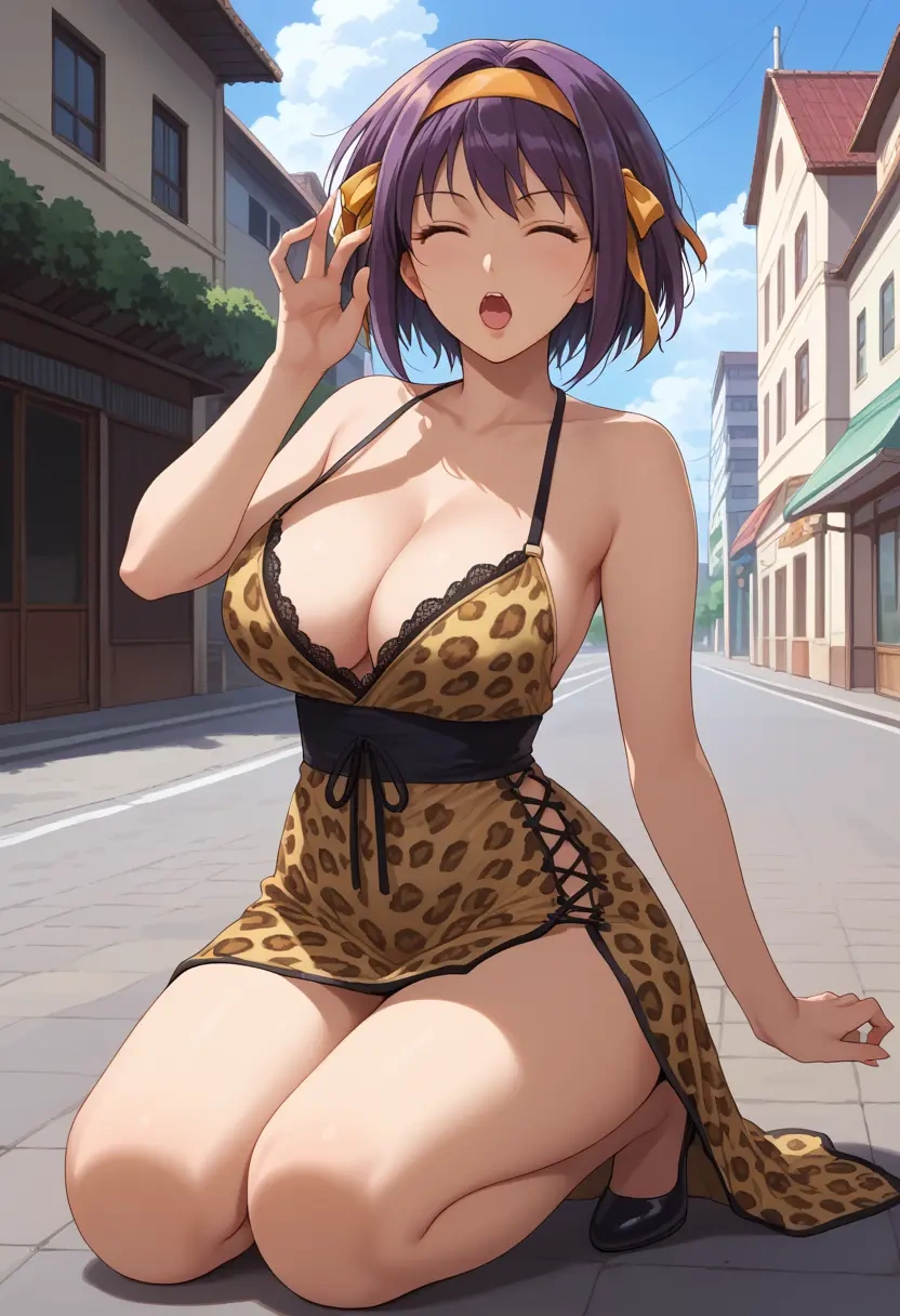 suzumiya_haruhi_no_yuuutsu,nagato_yuki,leopard print,silk slip dress  - 