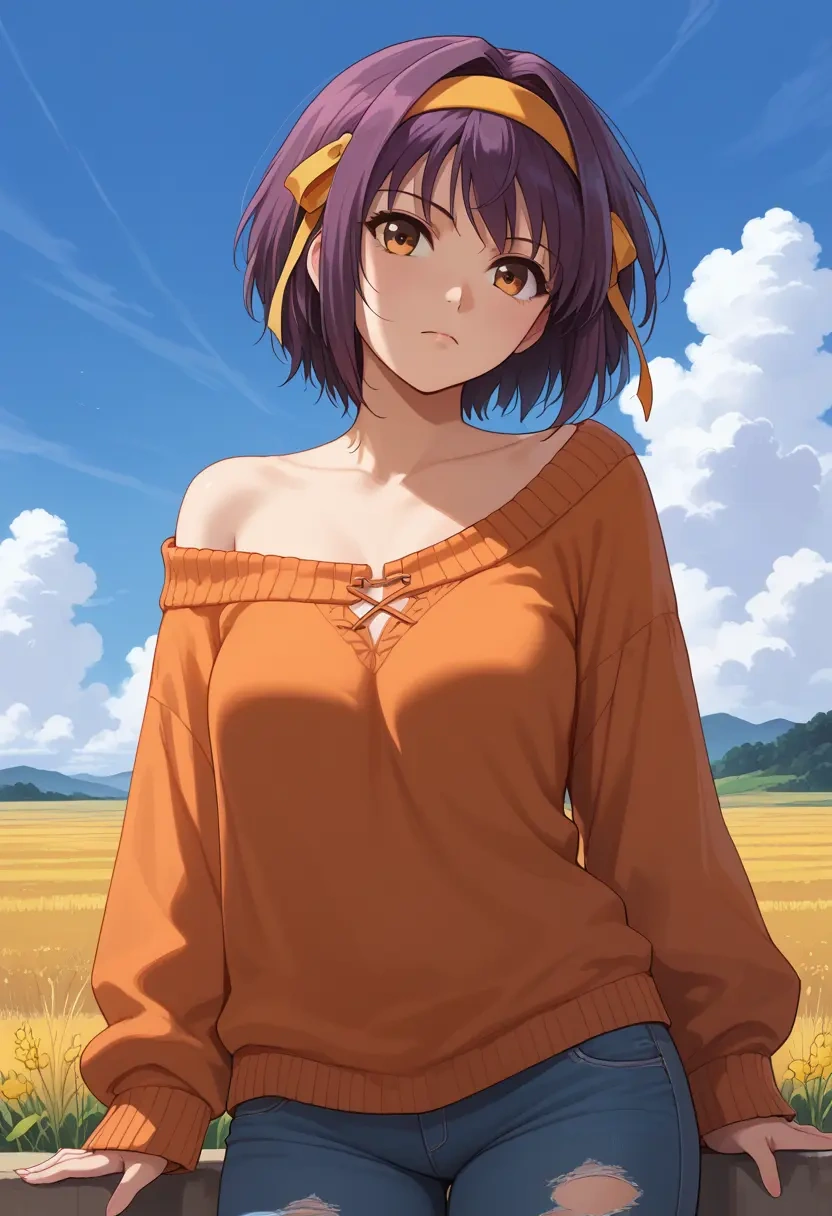 suzumiya_haruhi_no_yuuutsu,nagato_yuki,sweater,off-shoulder,ripped jeans  - 