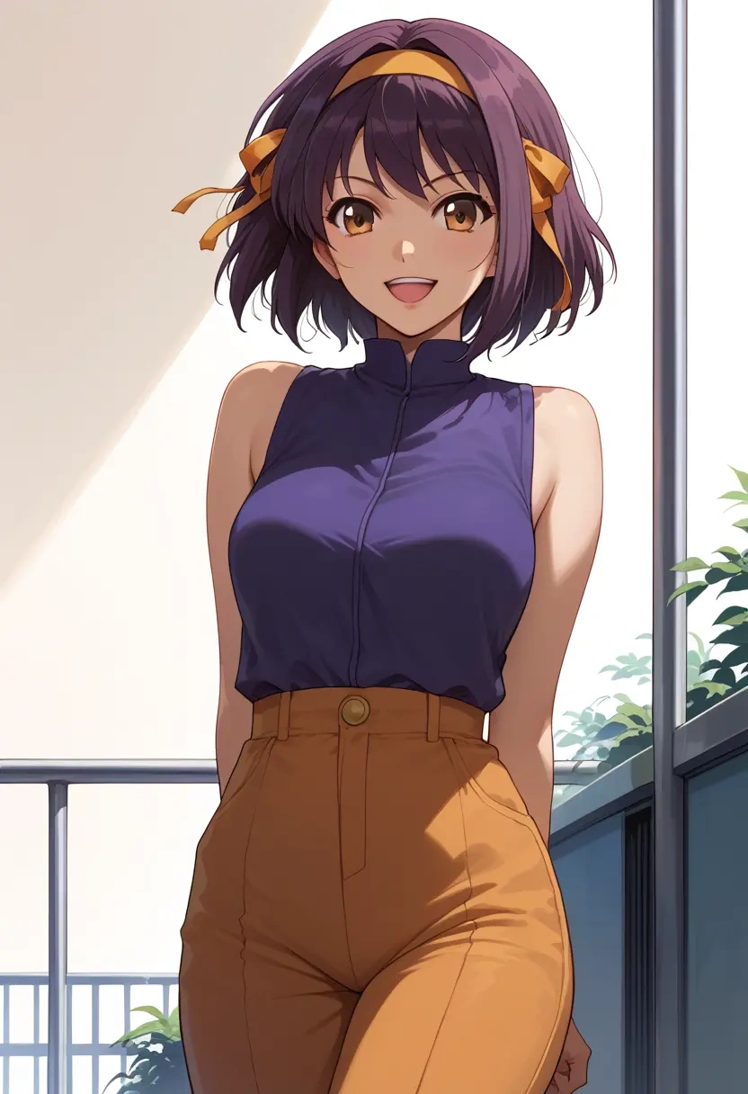 suzumiya_haruhi_no_yuuutsu,nagato_yuki,jumpsuit,sleeveless,flare pants  - 