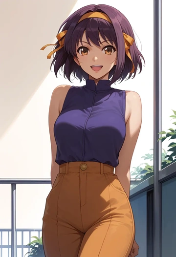 suzumiya_haruhi_no_yuuutsu,nagato_yuki,jumpsuit,sleeveless,flare pants  - AI generated anime art