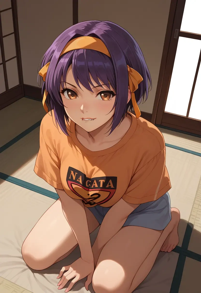 suzumiya_haruhi_no_yuuutsu,nagato_yuki,handwritten script shirt,dolphin shorts  - 