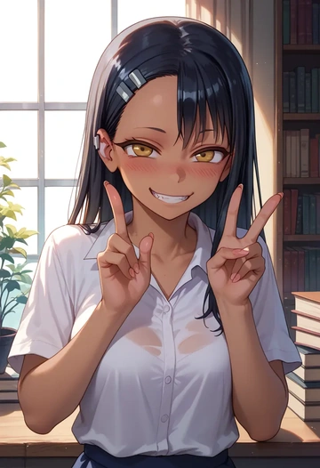 ijiranaide_nagatoro_san,nagatoro_hayase,calligraphy print shirt,dolphin shorts  - AI generated anime art