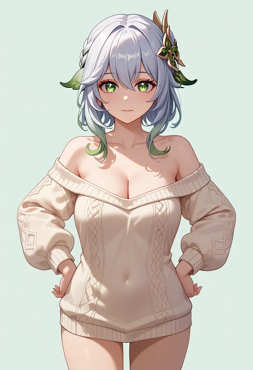 genshin_impact,nahida_(genshin_impact),Hands on hips,off-shoulder,sweater  - 