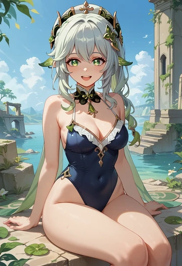 genshin_impact,nahida_(genshin_impact),retro style swimsuit,frilled neckline,bow detail  - AI generated anime art