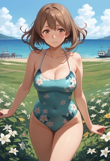 kantai_collection,naka_(kancolle),swimsuit,floral print  - AI generated anime art