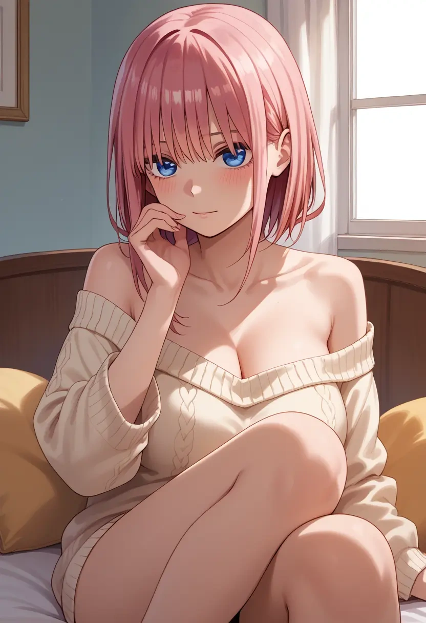 go_toubun_no_hanayome,nakano_ichika,cross-legged,Head resting on hand,off-shoulder,sweater  - 