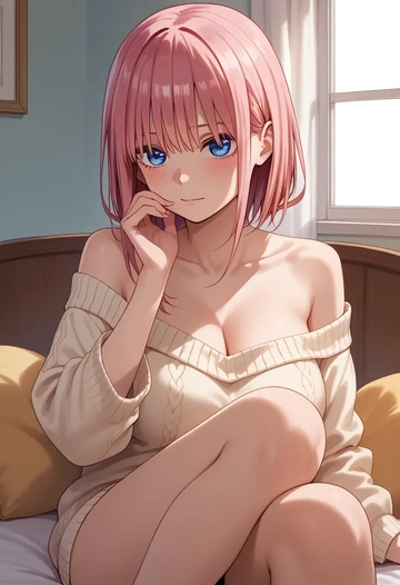 go_toubun_no_hanayome,nakano_ichika,cross-legged,Head resting on hand,off-shoulder,sweater  - AI generated anime art