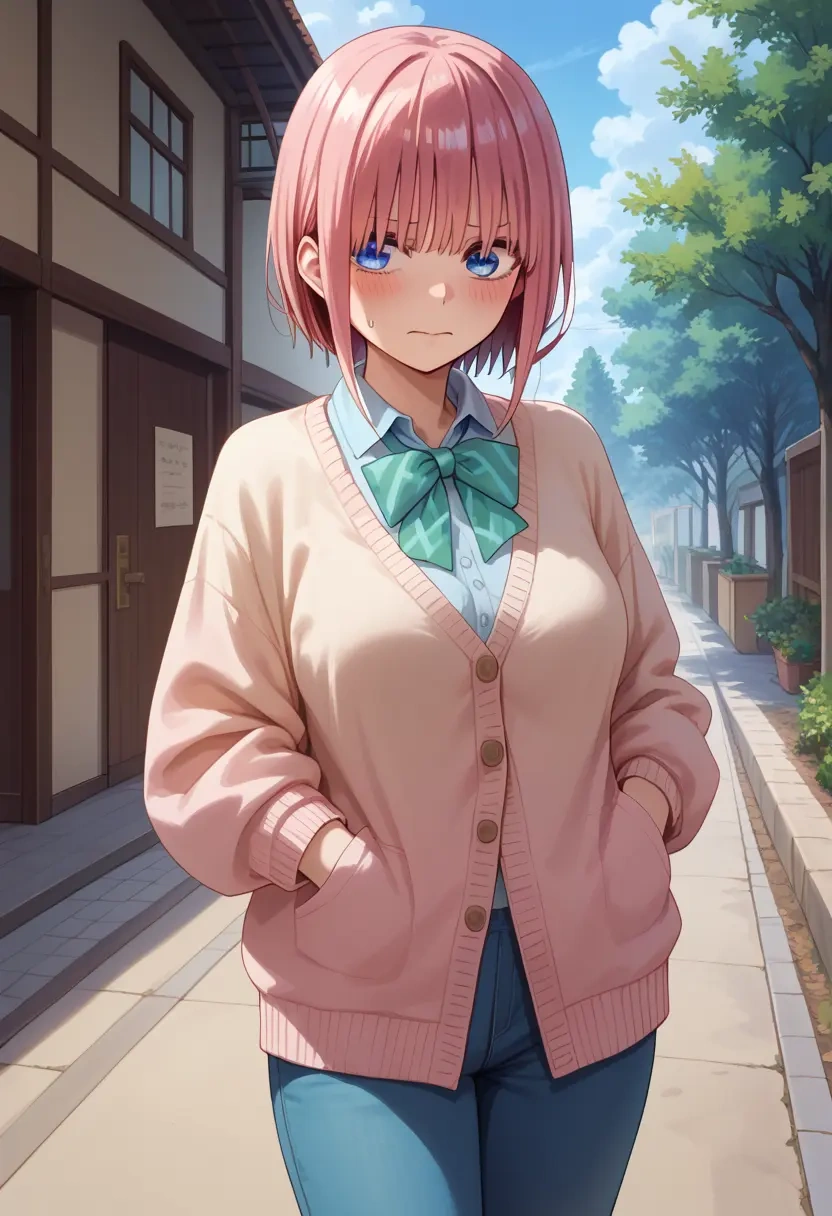 go_toubun_no_hanayome,nakano_ichika,cardigan,oversized,wide-leg pants  - 