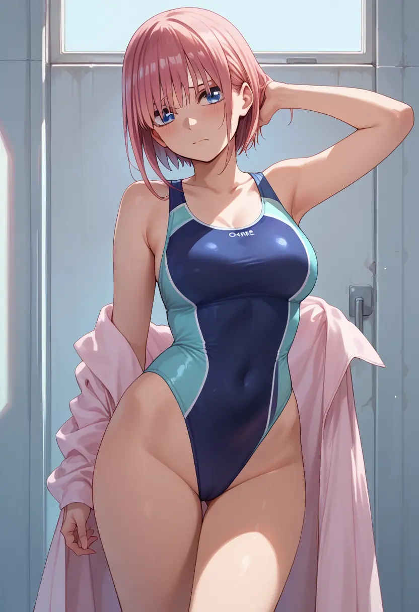 go_toubun_no_hanayome,nakano_ichika,racerback swimsuit,striped trim,name tag patch  - 