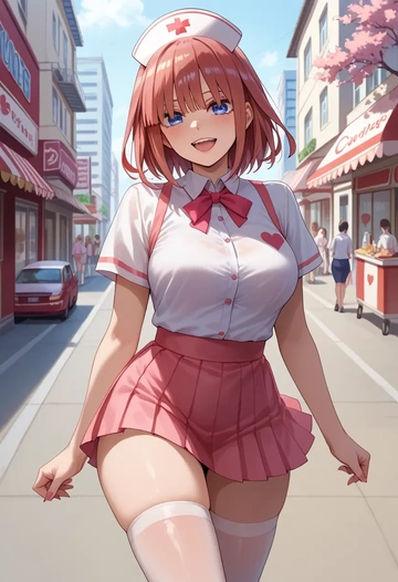 go_toubun_no_hanayome,nakano_itsuki,nurse pantyhose,mini skirt, sexy  - AI generated anime art