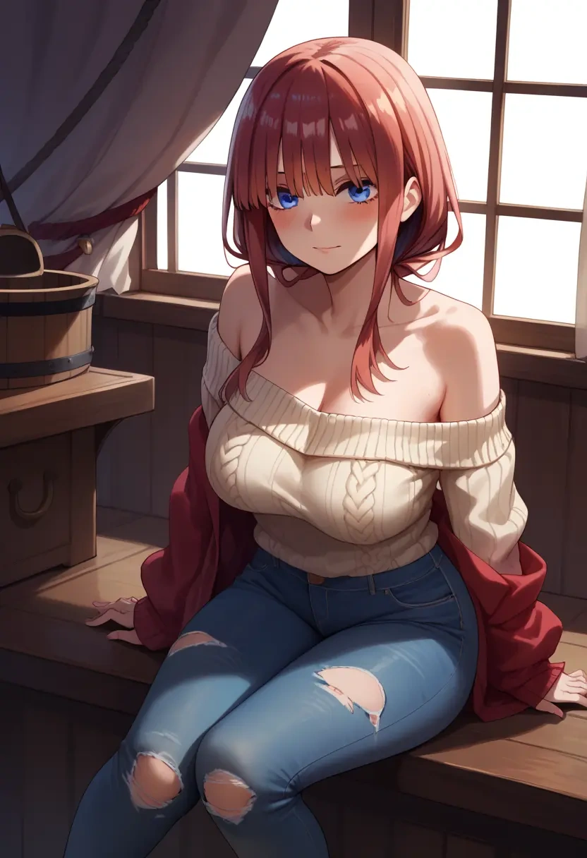 go_toubun_no_hanayome,nakano_itsuki,sweater,off-shoulder,ripped jeans  - 