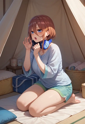 go_toubun_no_hanayome,nakano_miku,graphic tee,shorts,sneakers  - AI generated anime art