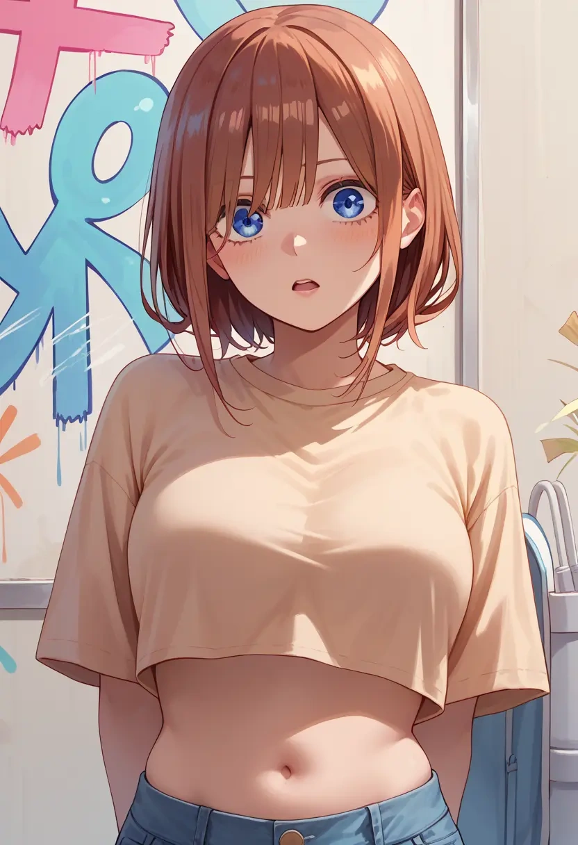 go_toubun_no_hanayome,nakano_miku,cropped graffiti sweatshirt,dolphin shorts  - 