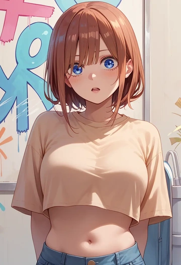 go_toubun_no_hanayome,nakano_miku,cropped graffiti sweatshirt,dolphin shorts  - AI generated anime art