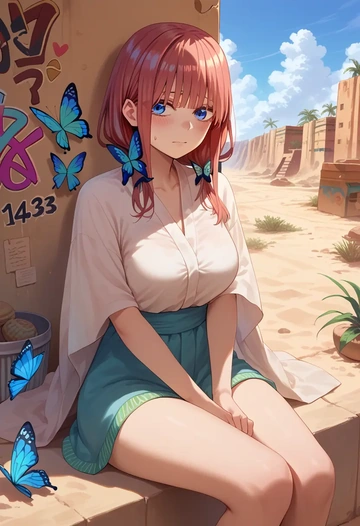 go_toubun_no_hanayome,nakano_nino,patchwork graffiti top,dolphin shorts  - AI generated anime art