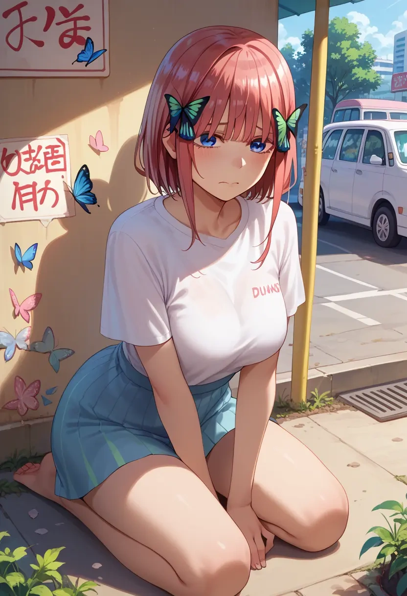 go_toubun_no_hanayome,nakano_nino,crop graffiti tee,dolphin shorts  - 