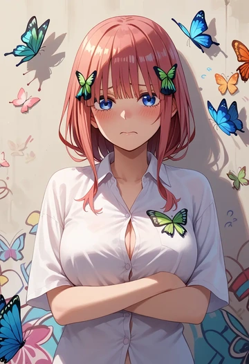 go_toubun_no_hanayome,nakano_nino,oversized graffiti shirt,dolphin shorts  - AI generated anime art