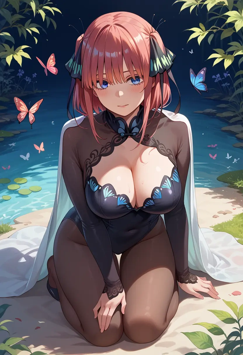 go_toubun_no_hanayome,nakano_nino,black widow bodysuit,spiderweb cape,leather gloves  - 