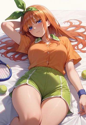 go_toubun_no_hanayome,nakano_yotsuba,tennis polo,skort  - AI generated anime art