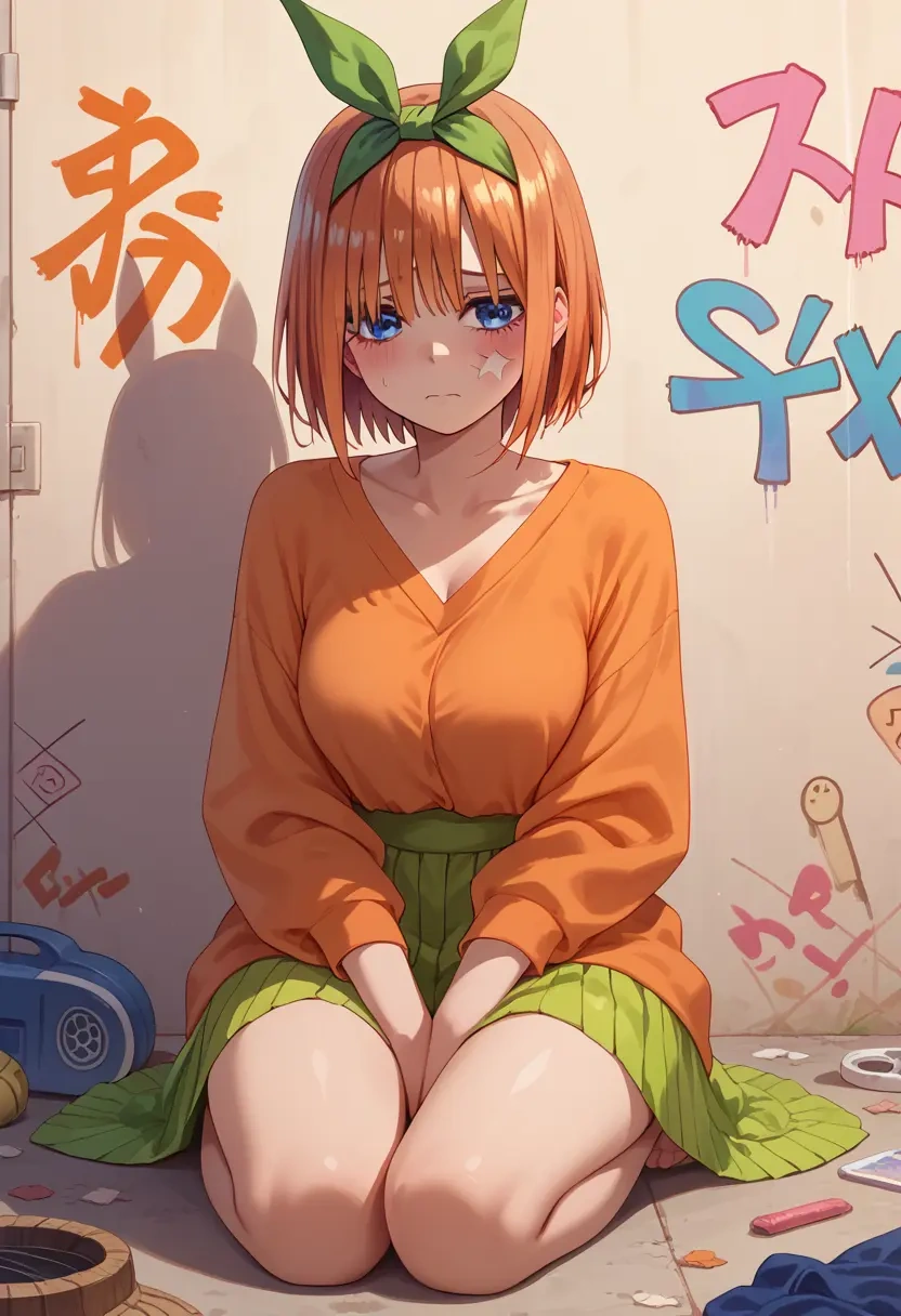 go_toubun_no_hanayome,nakano_yotsuba,patchwork graffiti top,dolphin shorts  - 