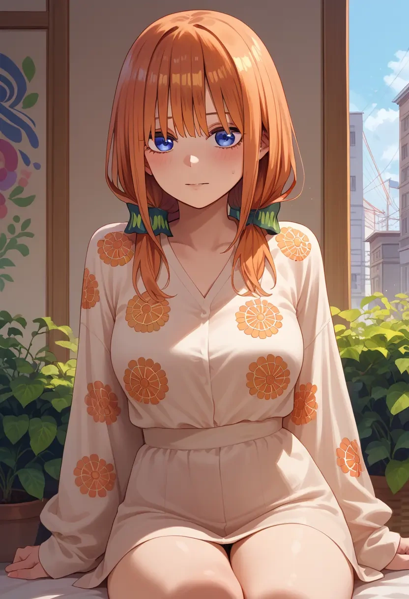 go_toubun_no_hanayome,nakano_yotsuba,silk graffiti shirt,dolphin shorts  - 