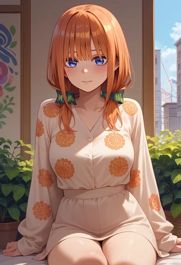 go_toubun_no_hanayome,nakano_yotsuba,silk graffiti shirt,dolphin shorts  - AI generated anime art