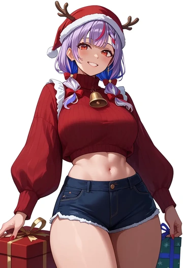 hololive,nakiri_ayame,Christmas,red velvet shorts,turtleneck sweater  - AI generated anime art