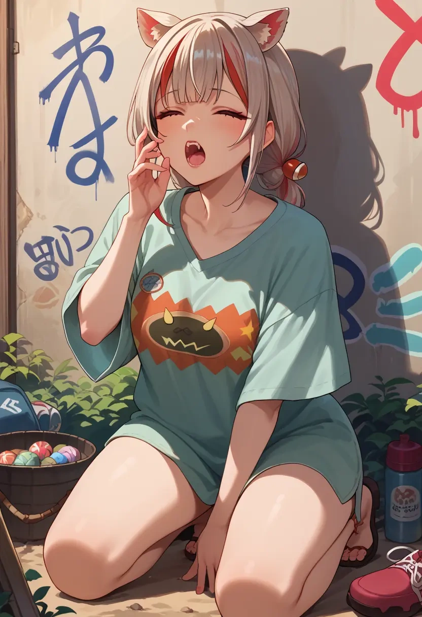 hololive,nakiri_ayame,oversized graffiti shirt,dolphin shorts  - 