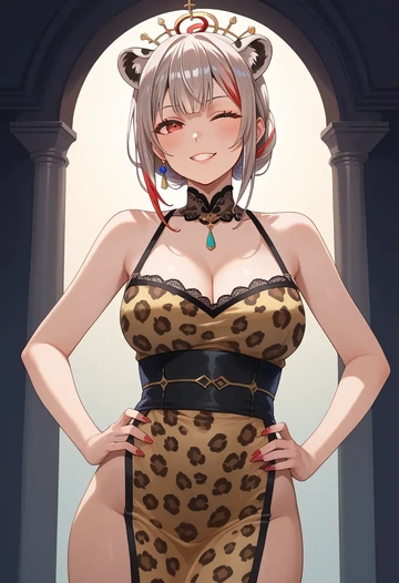 hololive,nakiri_ayame,leopard print,silk slip dress  - AI generated anime art