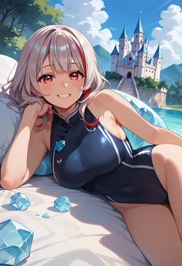 hololive,nakiri_ayame,retro style swimsuit,frilled neckline,bow detail  - AI generated anime art