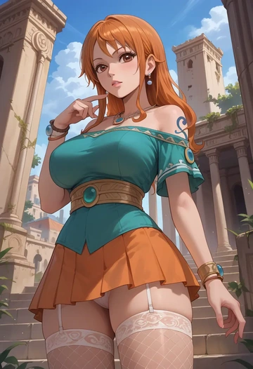 one_piece,nami_(one_piece),mini skirt, stockings  - AI generated anime art