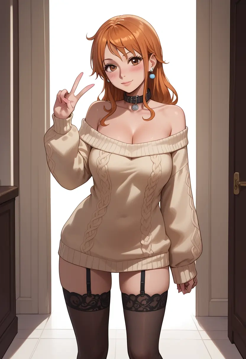 one_piece,nami_(one_piece),blushing,collar,off-shoulder,sweater,stockings  - 