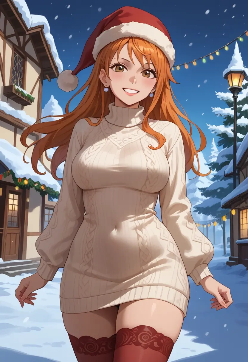 one_piece,nami_(one_piece),Christmas,sweater dress,stockings  - 