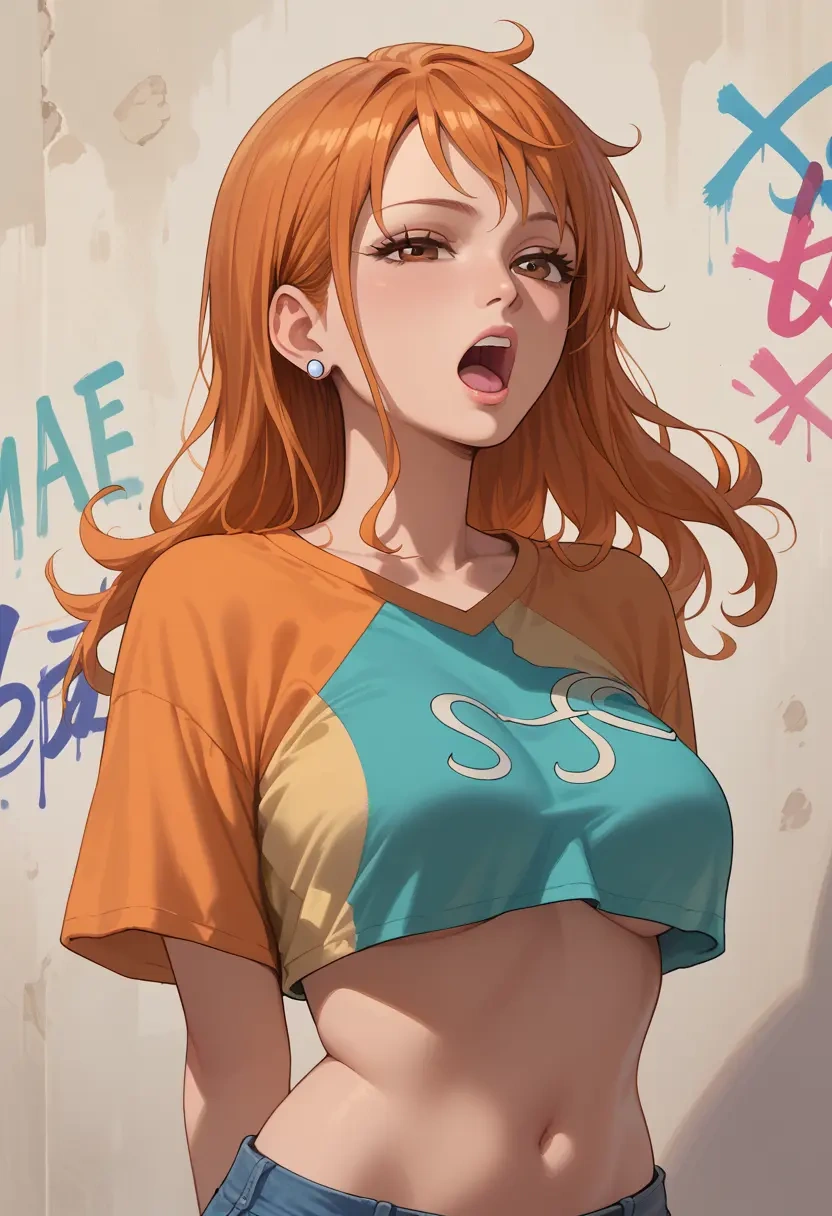 one_piece,nami_(one_piece),cropped graffiti sweatshirt,dolphin shorts  - 