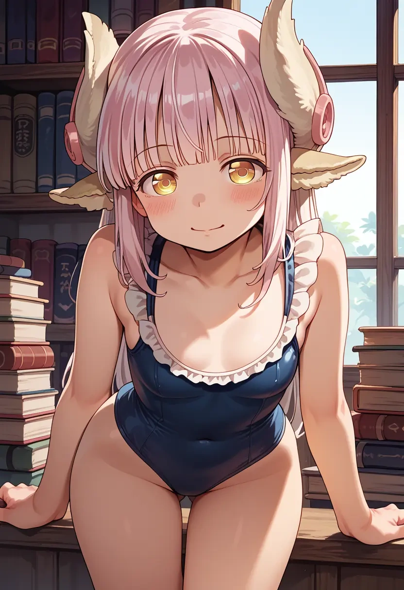 made_in_abyss,nanachi_(made_in_abyss),retro style swimsuit,frilled neckline,bow detail  - 