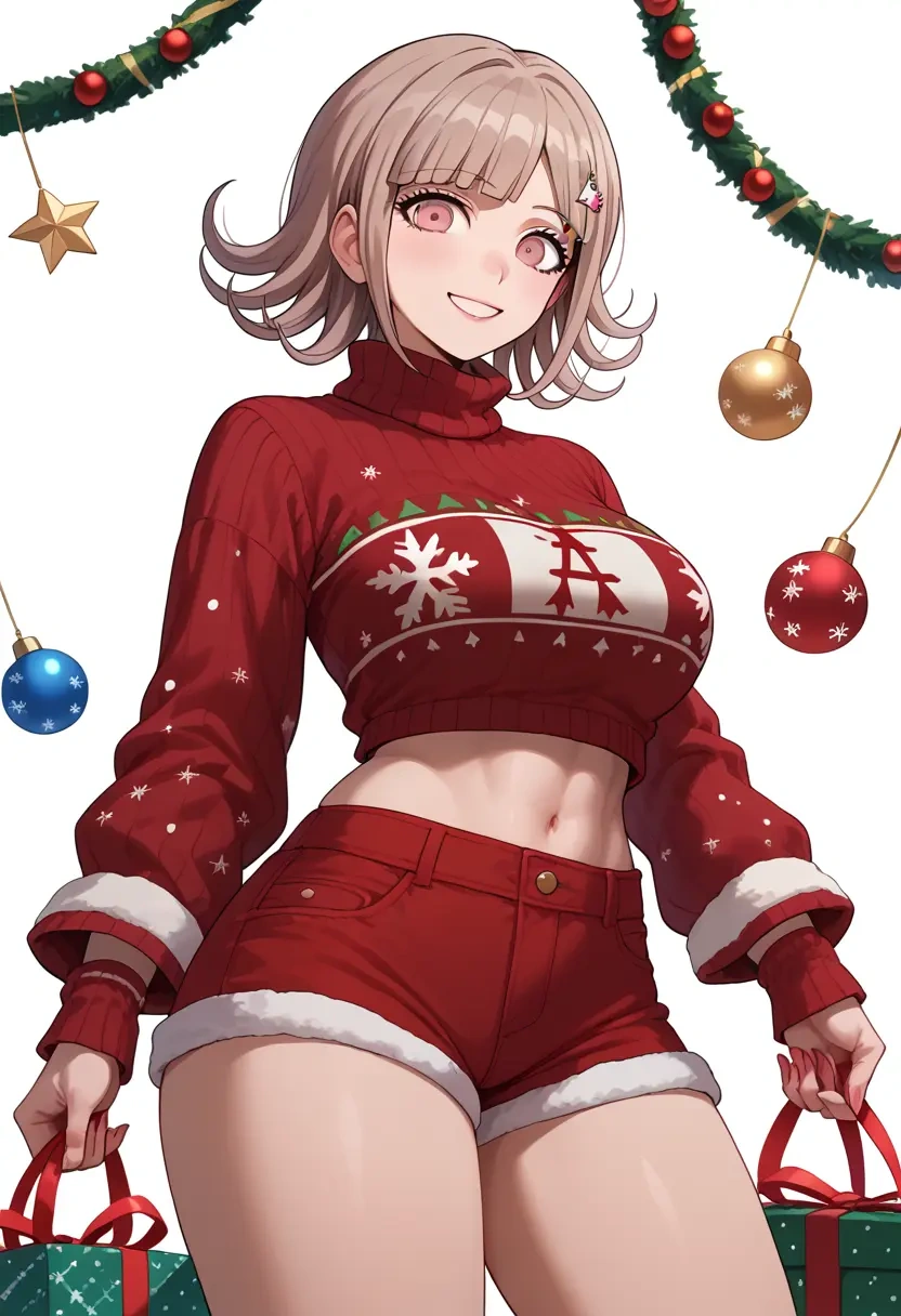 danganronpa_(series),nanami_chiaki,Christmas,red velvet shorts,turtleneck sweater  - 