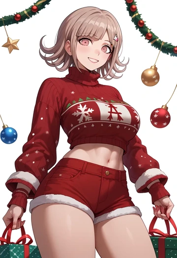 danganronpa_(series),nanami_chiaki,Christmas,red velvet shorts,turtleneck sweater  - AI generated anime art