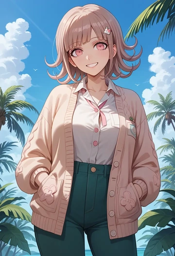 danganronpa_(series),nanami_chiaki,cardigan,oversized,wide-leg pants  - AI generated anime art