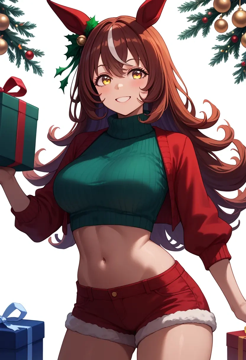 umamusume,narita_brian_(umamusume),Christmas,red velvet shorts,turtleneck sweater  - 