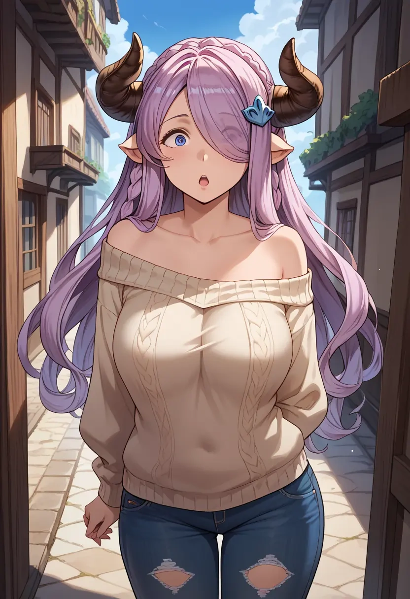 granblue_fantasy,narmaya_(granblue_fantasy),sweater,off-shoulder,ripped jeans  - 