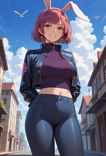 sana_channel,natori_sana,denim jacket,cropped,leather leggings  - AI generated anime art