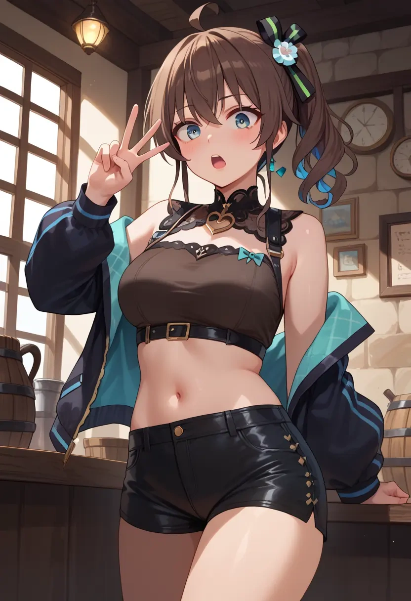 hololive,natsuiro_matsuri,leather,shorts,crop top  - 