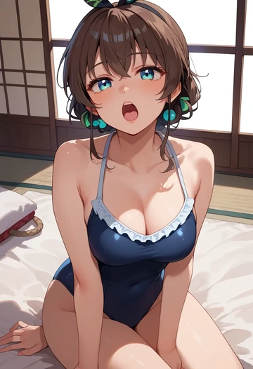 hololive,natsuiro_matsuri,retro style swimsuit,frilled neckline,bow detail  - AI generated anime art