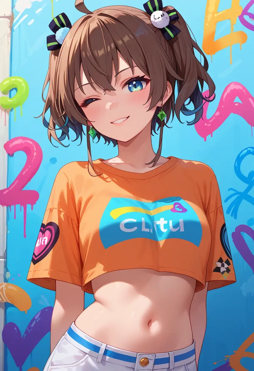 hololive,natsuiro_matsuri,cropped graffiti sweatshirt,dolphin shorts  - 