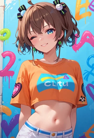 hololive,natsuiro_matsuri,cropped graffiti sweatshirt,dolphin shorts  - AI generated anime art