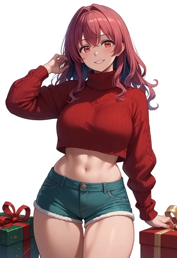 little_busters,natsume_rin,Christmas,red velvet shorts,turtleneck sweater  - AI generated anime art