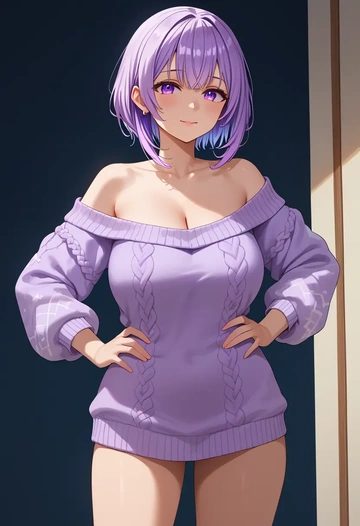 hololive,nekomata_okayu_(1st_costume),Hands on hips,off-shoulder,sweater  - AI generated anime art